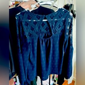 Lace Shouldered, Indigo Blue Long Sleeve Blouse NWOT